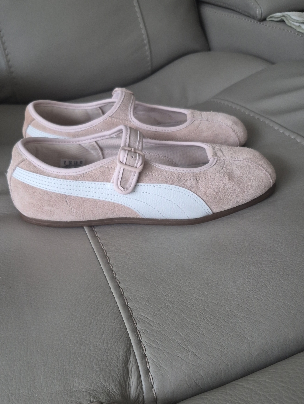 Puma Women's Blush Pink Suede Ballet Mary Jane Flats with White Stripe